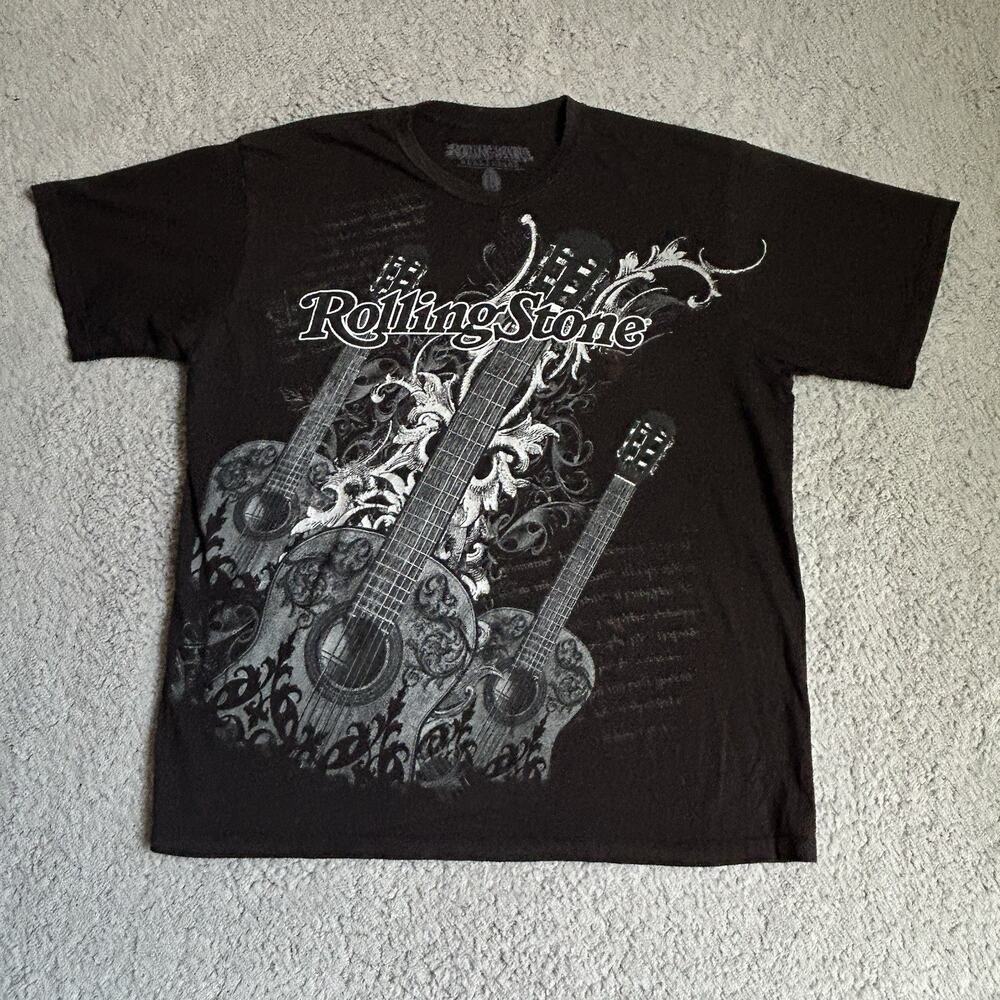 Rolling Stone Collection Mens Collection Graphic T-Shirt Black Guitar Crew Sz. L